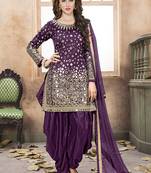 Purple embroidered mirror work silk patiala suits