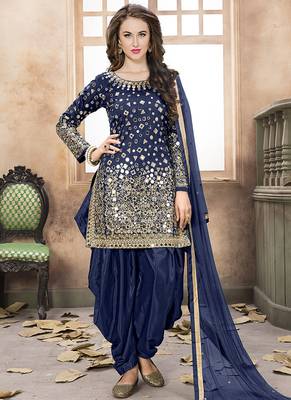 Navy blue embroidered mirror work silk patiala suits 1