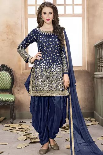 Navy blue embroidered mirror work silk patiala suits