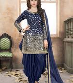 Navy blue embroidered mirror work silk patiala suits