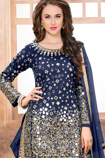 Navy blue embroidered mirror work silk patiala suits