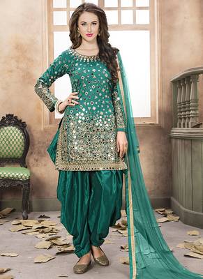 Teal green embroidered mirror work silk patiala suits 1