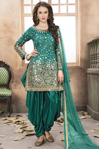 Teal green embroidered mirror work silk patiala suits