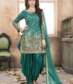 Teal green embroidered mirror work silk patiala suits