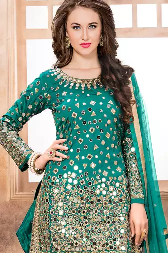 Teal green embroidered mirror work silk patiala suits