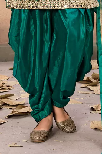 Teal green embroidered mirror work silk patiala suits