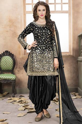 Black embroidered mirror work silk patiala suits