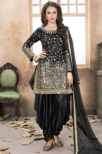 Black embroidered mirror work silk patiala suits