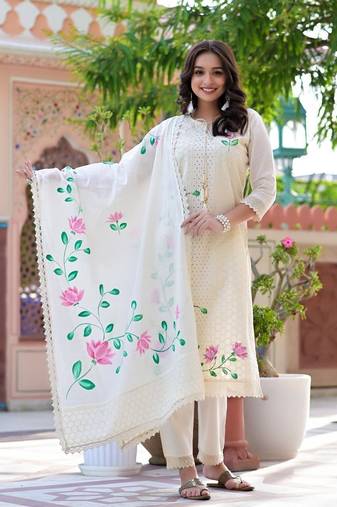 Beige embroidered Kurti Pant Set