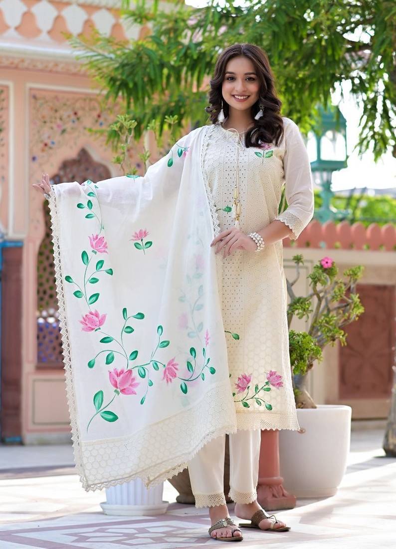 Beige embroidered Kurti Pant Set