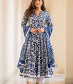 White Blue Floral Printed Anarkali Kurti Pant Dupatta Se