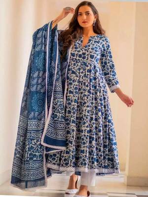 White Blue Floral Printed Anarkali Kurti Pant Dupatta Se 2