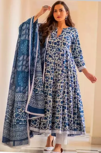 White Blue Floral Printed Anarkali Kurti Pant Dupatta Se