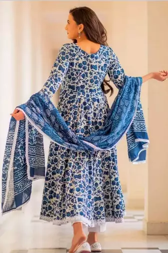 White Blue Floral Printed Anarkali Kurti Pant Dupatta Se
