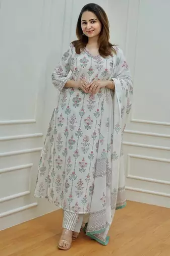 White Floral Block Printed Indian Straight Salwar Kameez Kurti Pant Set 