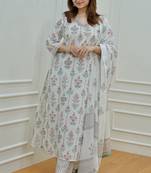 White Floral Block Printed Indian Kurti Pant Set 