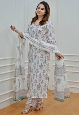 White Floral Block Printed Indian Kurti Pant Set  2