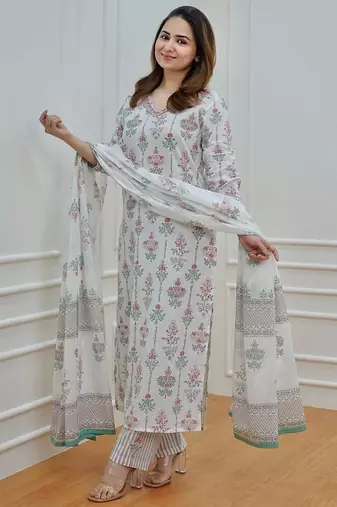 White Floral Block Printed Indian Kurti Pant Set 