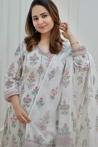 White Floral Block Printed Indian Kurti Pant Set 