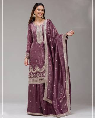 Burgundy embroidered faux glass tissue salwar suit 1