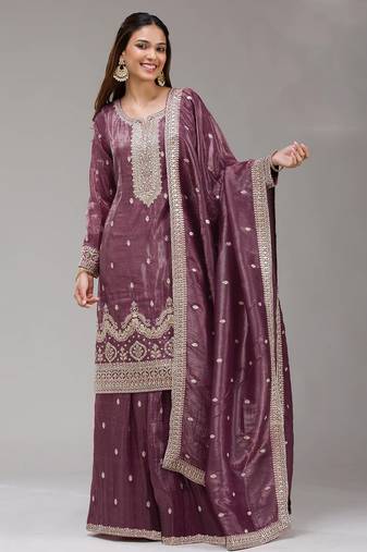Burgundy color embroideried faux glass tissue salwar suit