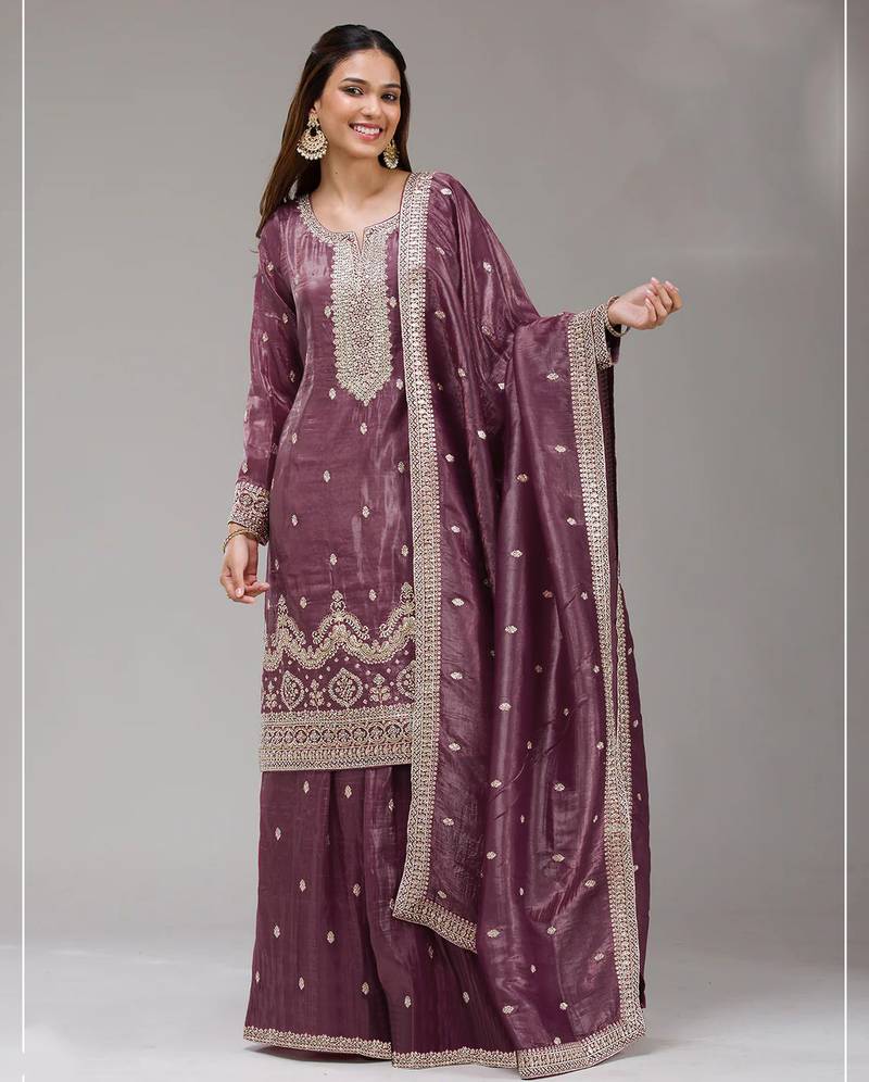 Burgundy color embroideried faux glass tissue salwar suit