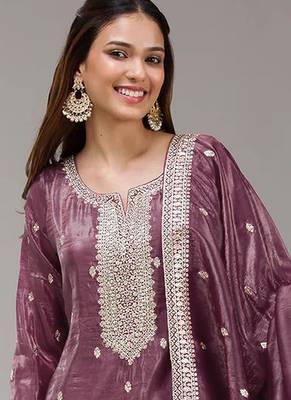 Burgundy embroidered faux glass tissue salwar suit 2