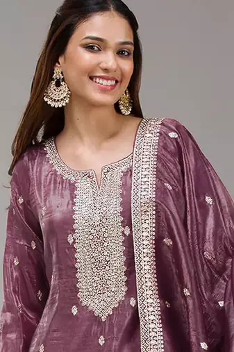 Burgundy embroidered faux glass tissue salwar suit