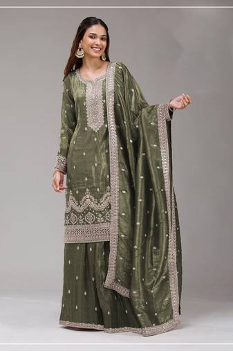 Mehendi embroideried faux glass tissue salwar suit