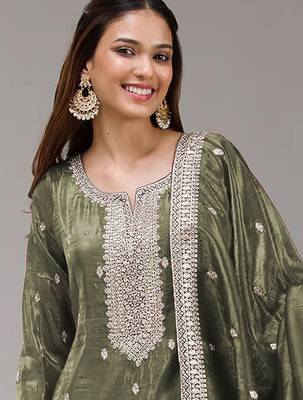 Mehendi embroidered faux glass tissue salwar suit 2