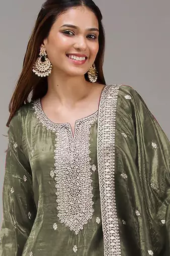 Mehendi embroidered faux glass tissue salwar suit