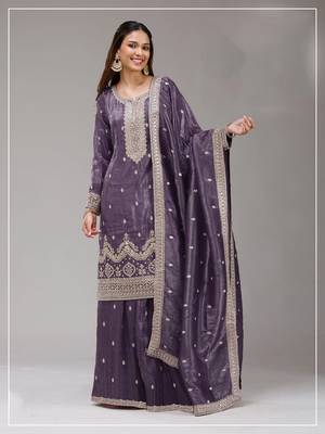 Dark lavender embroidered faux glass tissue salwar suit 1