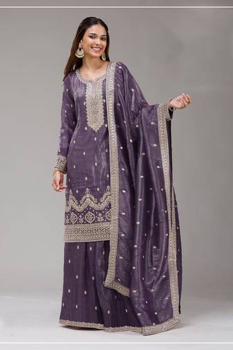 Dark lavender color embroideried faux glass tissue salwar suit