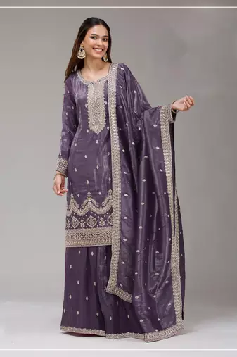 Dark lavender color embroideried faux glass tissue salwar suit