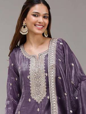 Dark lavender embroidered faux glass tissue salwar suit 2