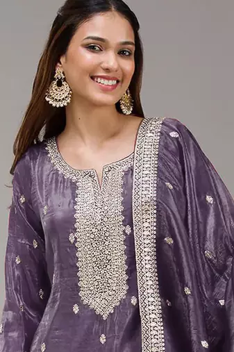 Dark lavender embroidered faux glass tissue salwar suit