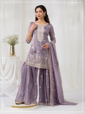 Plum embroidered faux glass tissue salwar suit 1