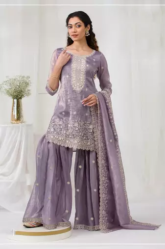 Plum color embroideried faux glass tissue salwar suit