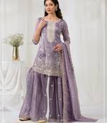 Plum color embroideried faux glass tissue salwar suit