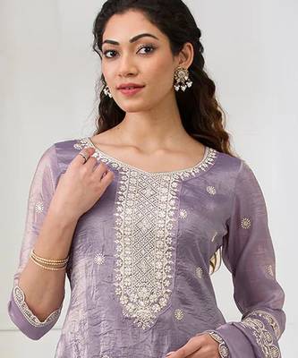 Plum embroidered faux glass tissue salwar suit 2
