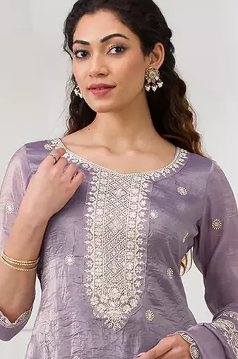 Plum embroidered faux glass tissue salwar suit