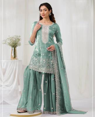 Sea green embroidered faux glass tissue salwar suit 1