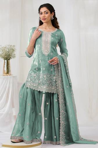 Sea green color embroideried faux glass tissue salwar suit