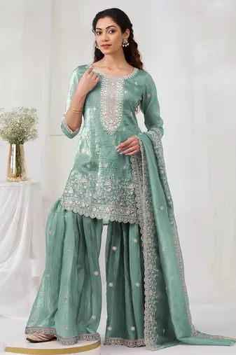 Sea green color embroideried faux glass tissue salwar suit