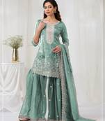 Sea green color embroideried faux glass tissue salwar suit