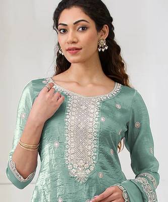 Sea green embroidered faux glass tissue salwar suit 2