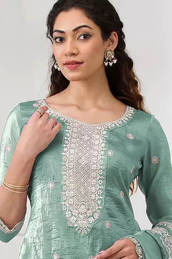 Sea green embroidered faux glass tissue salwar suit