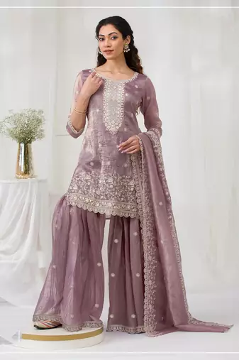 Onion pink color embroideried faux glass tissue salwar suit