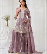 Onion pink color embroideried faux glass tissue salwar suit
