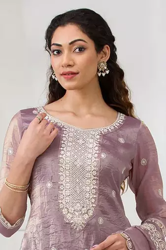 Onion pink embroidered faux glass tissue salwar suit